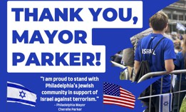 Digital sign in Philadelphia thanking Cherelle Parker for her support of Israel