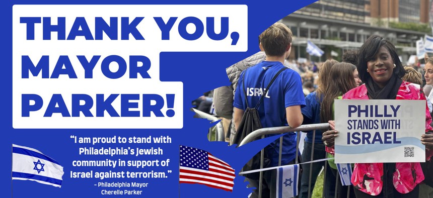 Digital sign in Philadelphia thanking Cherelle Parker for her support of Israel