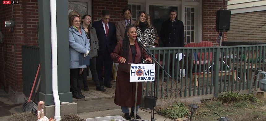 Summer Lee speaks at a Whole Home-Repairs press conference in Pittsburgh on Feb. 2, 2024