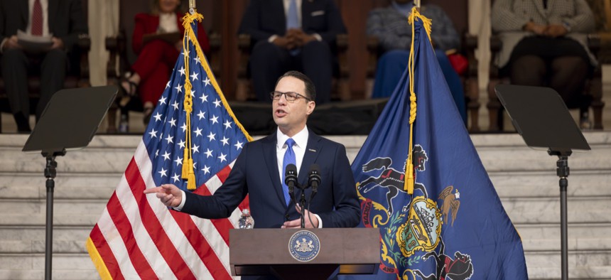 Shapiro speaks during his 2024 budget address in the rotunda of the state Capitol.