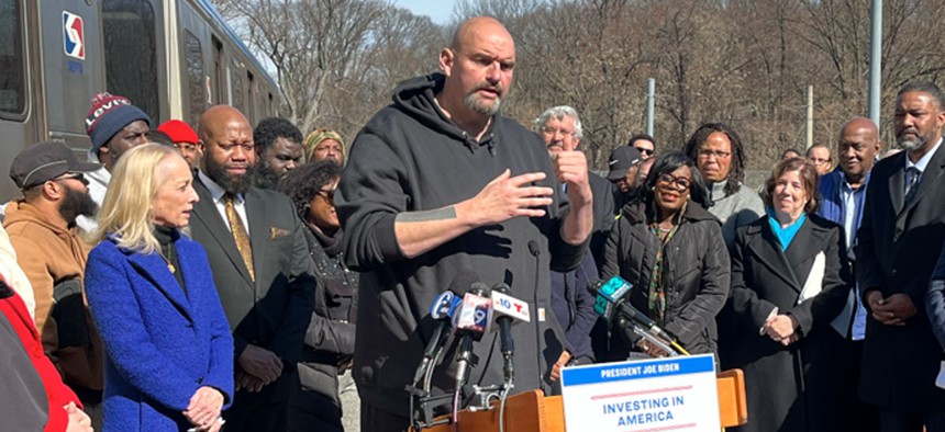 U.S. Sen. John Fetterman speaks about federal funding for SEPTA at a press conference in Upper Darby on Feb. 21, 2024.