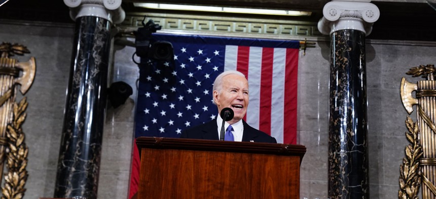 US President Joe Biden delivers his annual State of the Union address before a joint session of Congress in the House chamber at the Capital building on March 7, 2024 in Washington, DC
