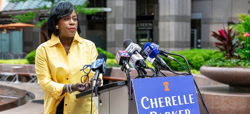 Cherelle Parker is seen during her first press conference after winning the Democratic nomination for mayor in Philadelphia on May 22, 2023 in Philadelphia