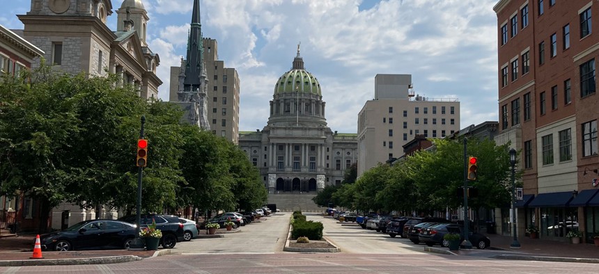 A view of the Pennsylvania Capitol from State Street in Harrisburg.