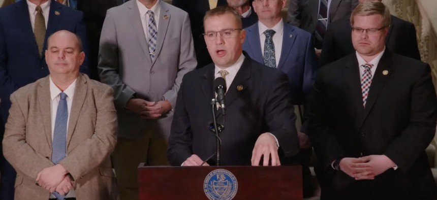 House Republican Leader Bryan Cutler speaks at a press conference in the state Capitol.
