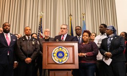 Philadelphia District Attorney Larry Krasner, city officials and advocates speak at a press conference