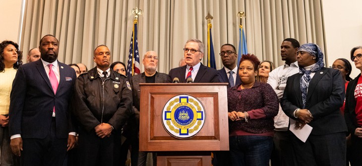 Philadelphia District Attorney Larry Krasner, city officials and advocates speak at a press conference