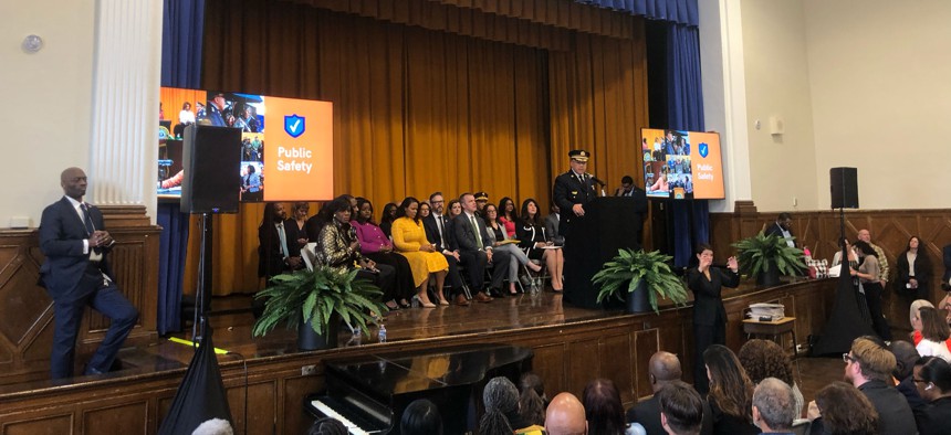 Philadelphia Police Commissioner Kevin Bethel speaks at Russell Conwell Middle School in Northeast Philadelphia on Thursday, April 11, 2024. 