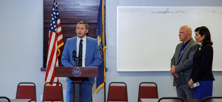 Pennsylvania Broadband Development Authority Executive Director Brandon Carson speaks during a press conference in December 2022.