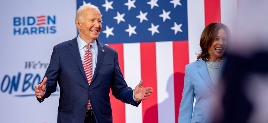 President Joe Biden and Vice President Kamala Harris take the stage at a campaign rally at Girard College in Philadelphia.