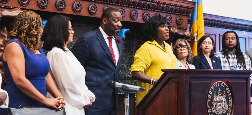 Philadelphia Mayor Cherelle Parker holds a press conference to sign the city budget on June 14, 2024