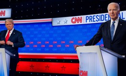 Republican presidential candidate, former President Donald Trump (L) looks at U.S. President Joe Biden during the CNN Presidential Debate Thursday night