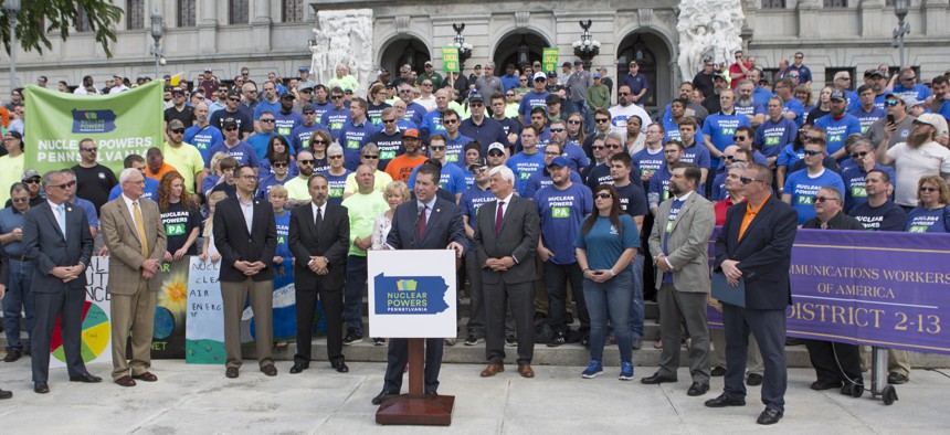 State Rep. Tom Mehaffie speaks at a nuclear energy rally outside the Pennsylvania Capitol.
