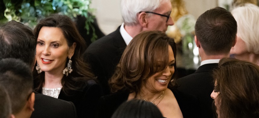 Vice president Kamala Harris, right, with Michigan Gov. Gretchen Whitmer, left.