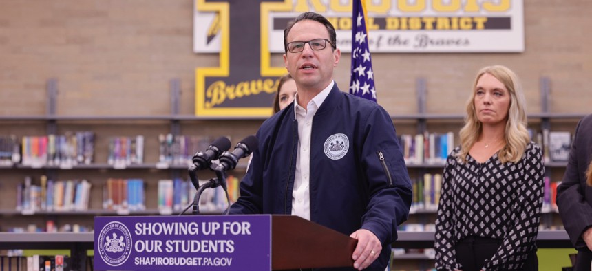 Gov. Josh Shapiro speaks to students and faculty during a June event in Erie, Pennsylvania.