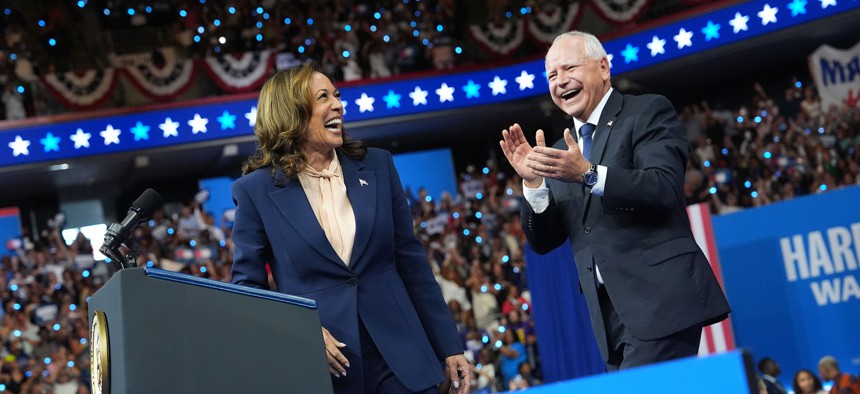 Democratic presidential candidate, U.S. Vice President Kamala Harris and Democratic vice presidential candidate Minnesota Gov. Tim Walz appear on stage together during a campaign event on Aug. 6 in Philadelphia.