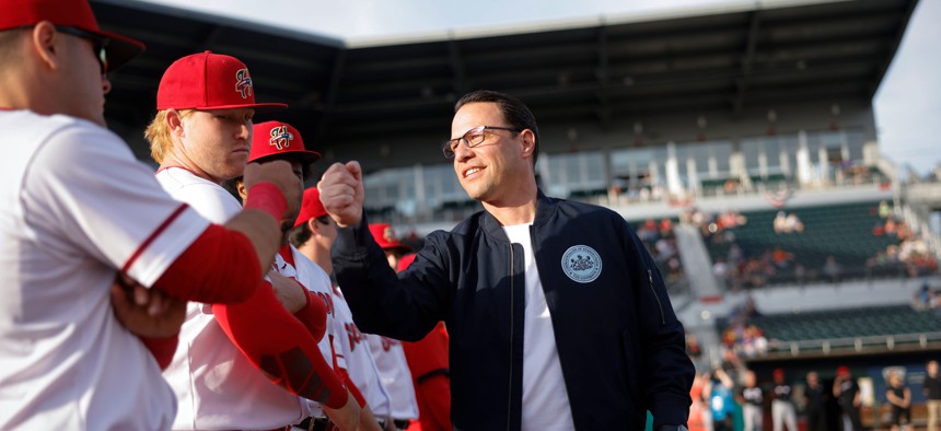 Gov. Josh Shapiro attends the Harrisburg Senators home opener on April 11, 2023.