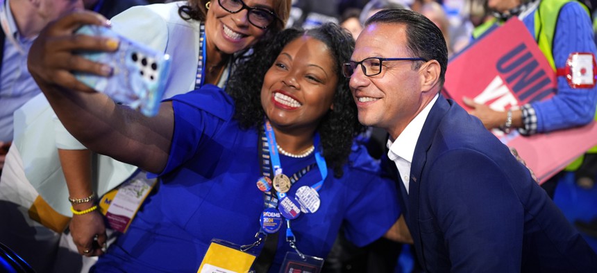 Gov. Josh Shapiro poses for a photo at the 2024 Democratic National Convention in Chicago with Philadelphia City Councilmembers Quetcy Lozada and Katherine Gilmore Richardson. 