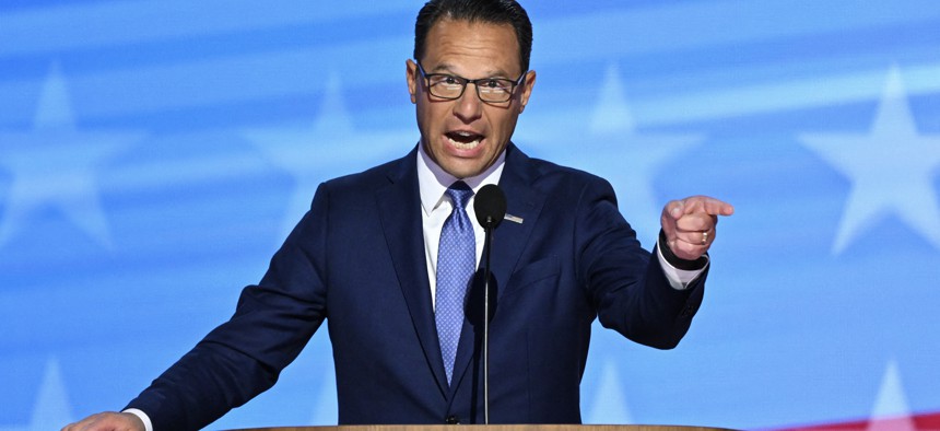 Gov. Josh Shapiro speaks on the third day of the Democratic National Convention at the United Center in Chicago, Illinois, on Aug. 21, 2024.