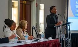 Teresa Lundy moderated a panel on workforce challenges in the commonwealth, with, L-R, Leo Knepper, Aiisha G. Herring-Miller and Kristen Rotz.