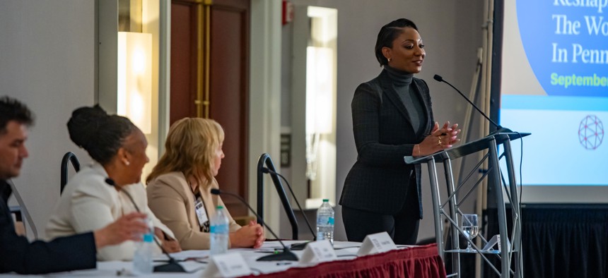 Teresa Lundy moderated a panel on workforce challenges in the commonwealth, with, L-R, Leo Knepper, Aiisha G. Herring-Miller and Kristen Rotz.