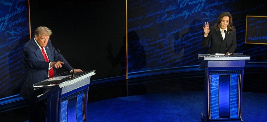 Former US President and Republican presidential candidate Donald Trump speaks during a presidential debate with US Vice President and Democratic presidential candidate Kamala Harris at the National Constitution Center in Philadelphia, Pennsylvania, on September 10, 2024.