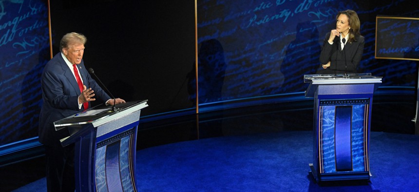 Former President Donald Trump and Vice President Kamala Harris participate in a debate in Philadelphia on Sept. 10, 2024.