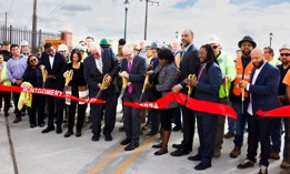 Among those involved in the ceremonial ribbon-cutting for the reopening of Philadelphia’s Montgomery Avenue Bridge were, second from left, Councilmember Jeffery Young, Mayor Cherelle Parker and Tom Perez, Senior Advisor and Assistant to the President and Director of the White House Office of Intergovernmental Affairs.