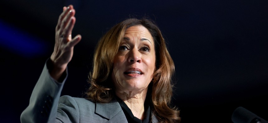 Democratic presidential nominee and Vice President Kamala Harris speaks at a campaign event.