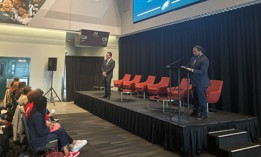 Rob Wilcox and Greg Jackson, directors of the White House Office of Gun Violence Prevention, speak at the Safer America Summit at Lincoln FInancial Field in Philadelphia.