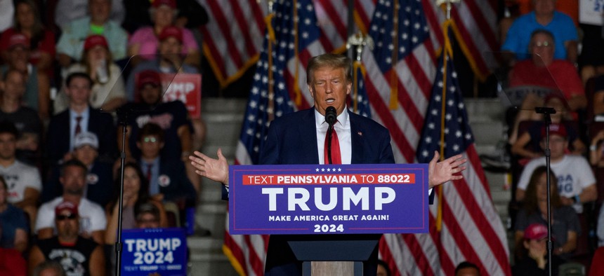 Former President Donald Trump speaks during a campaign rally in Erie, Pennsylvania.