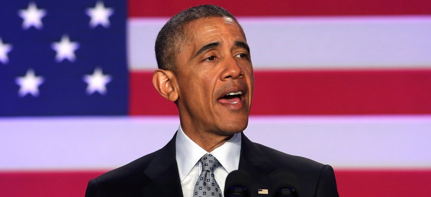 President Barack Obama speaks during the Democratic National Committee general session in Washington DC on February 20, 2014.