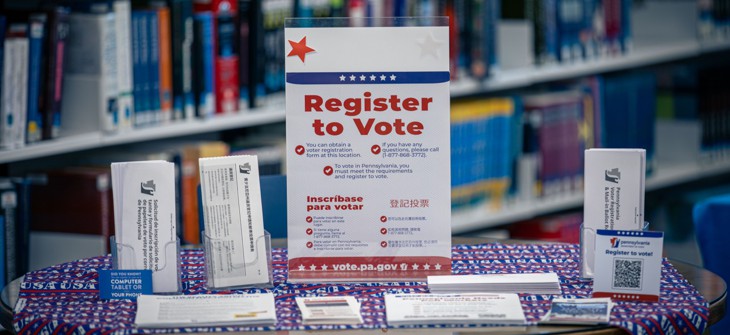 A table with voter registration information at a January 2024 event in Harrisburg, Pennsylvania. 