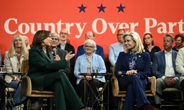 Vice President and Democratic presidential candidate Kamala Harris (L) speaks during a moderated conversation with former U.S. Rep. Liz Cheney in Malvern, Pennsylvania, on Oct. 21