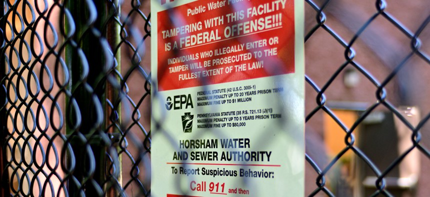 A sign outside the filtration system designed to filter out PFAS forever chemicals from the drinking water supply at Well #2 of the Horsham Water and Sewer Authority facility in Horsham.