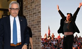 Larry Krasner, left, is suing to stop Elon Musk, right, from giving away $1 million to voters at rallies.