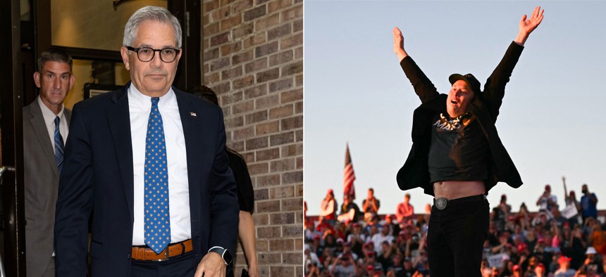 Larry Krasner, left, is suing to stop Elon Musk, right, from giving away $1 million to voters at rallies.