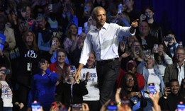 Former US President Barack Obama arrives to speak during a campaign event in support of US Vice President and Democratic presidential candidate Kamala Harris, in Philadelphia on Oct. 28.