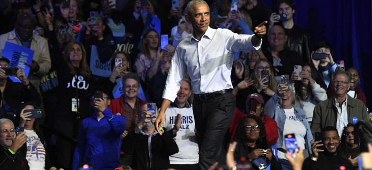 Former US President Barack Obama arrives to speak during a campaign event in support of US Vice President and Democratic presidential candidate Kamala Harris, in Philadelphia on Oct. 28.