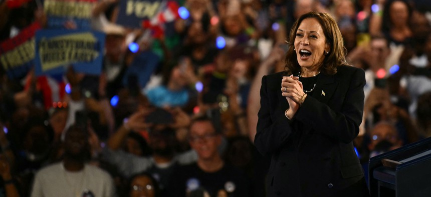 Vice President and Democratic presidential candidate Kamala Harris arrives to speak during a Get Out the Vote rally in Harrisburg, Pennsylvania, on October 30, 2024.