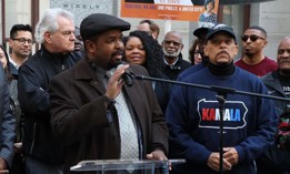 Flanked by, L-R, Philadelphia City Council President Kenyatta Johnson, Democratic City Committee Chair Bob Brady and state Sen. Vincent Hughes, Pennsylvania Democratic Party Chair aSharif Street addresses a get out the vote rally at Philadel;hia City Hall.