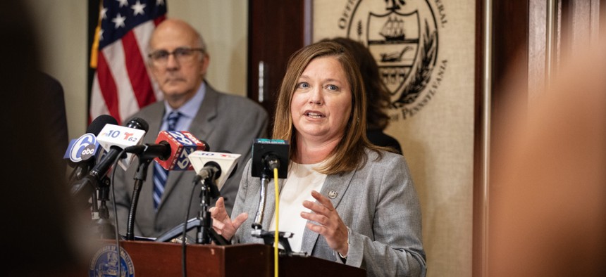 Pennsylvania Attorney General Michelle Henry speaks at an Oct. 22, 2024 press conference focused on child trafficking.