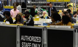 Philadelphia county board of elections staff processing ballots on Election Day at the ballot counting elections warehouse on the outskirts of Philadelphia.