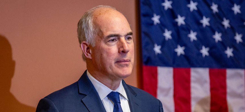 U.S. Sen. Bob Casey speaks at a press conference in Allentown, Pennsylvania on Oct. 14, 2024.