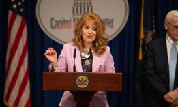 State Treasurer Stacy Garrity speaks at the Capitol Media Center in Harrisburg