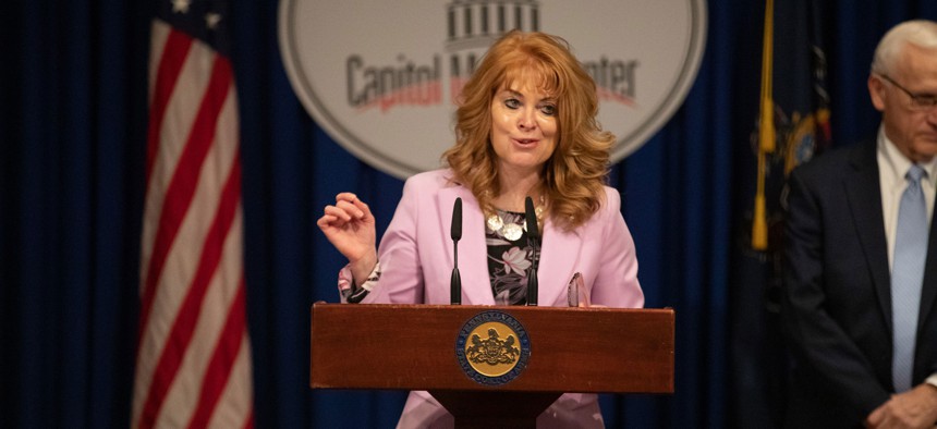 State Treasurer Stacy Garrity speaks at the Capitol Media Center in Harrisburg