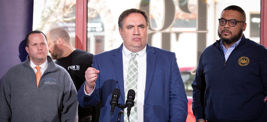 State Rep. Frank Burns speaks at a February 2024 press conference in Ebensburg, Pennsylvania. 