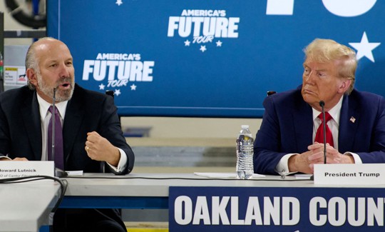 Then-presidential candidate Donald Trump speaks at a roundtable event with Howard Lutnick.