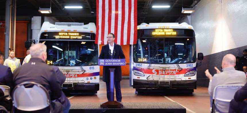 Gov. Josh Shapiro announces a financial lifeline for SEPTA at the Frankford Transportation Center in Northeast Philadelphia on Nov. 22.