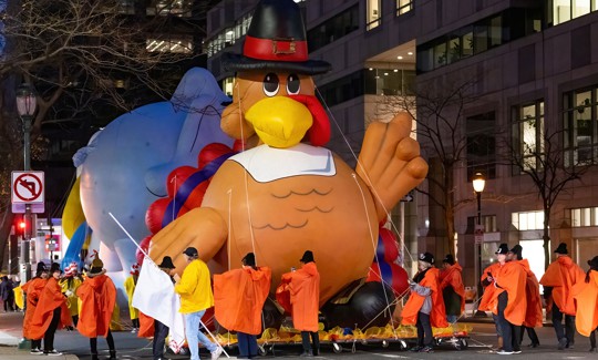 A turkey balloon from Philadelphia’s 104th 6abc Dunkin’ Thanksgiving Day Parade in November 2023.